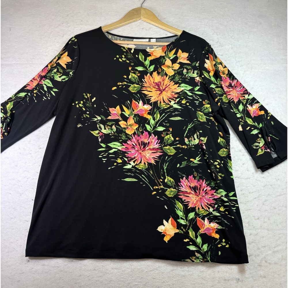 Susan Graver Sz XL Liquid Knit Floral Round Neck Tunic Top Black 3/4 Beaded SL